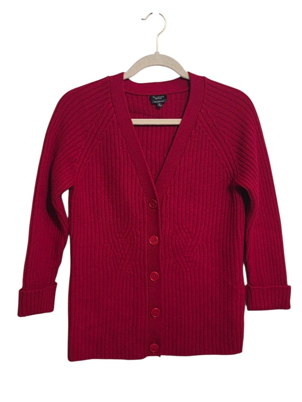 Vintage Talbots Red Merino Wool Heavy Cardigan Sweater M Old Money Quiet Luxury